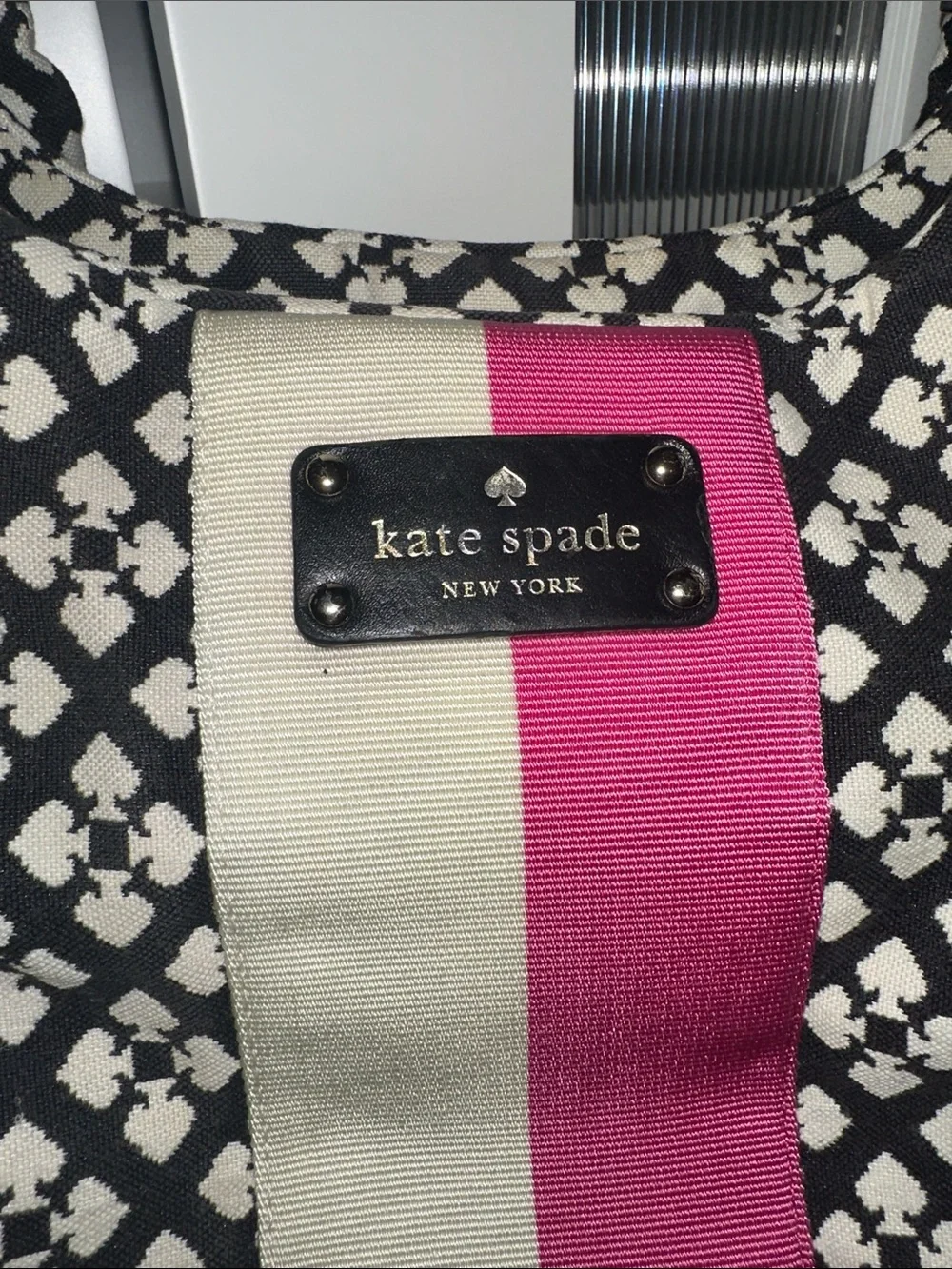 kate spade Black & White Pattern Shoulder Bag with Pink Stripe